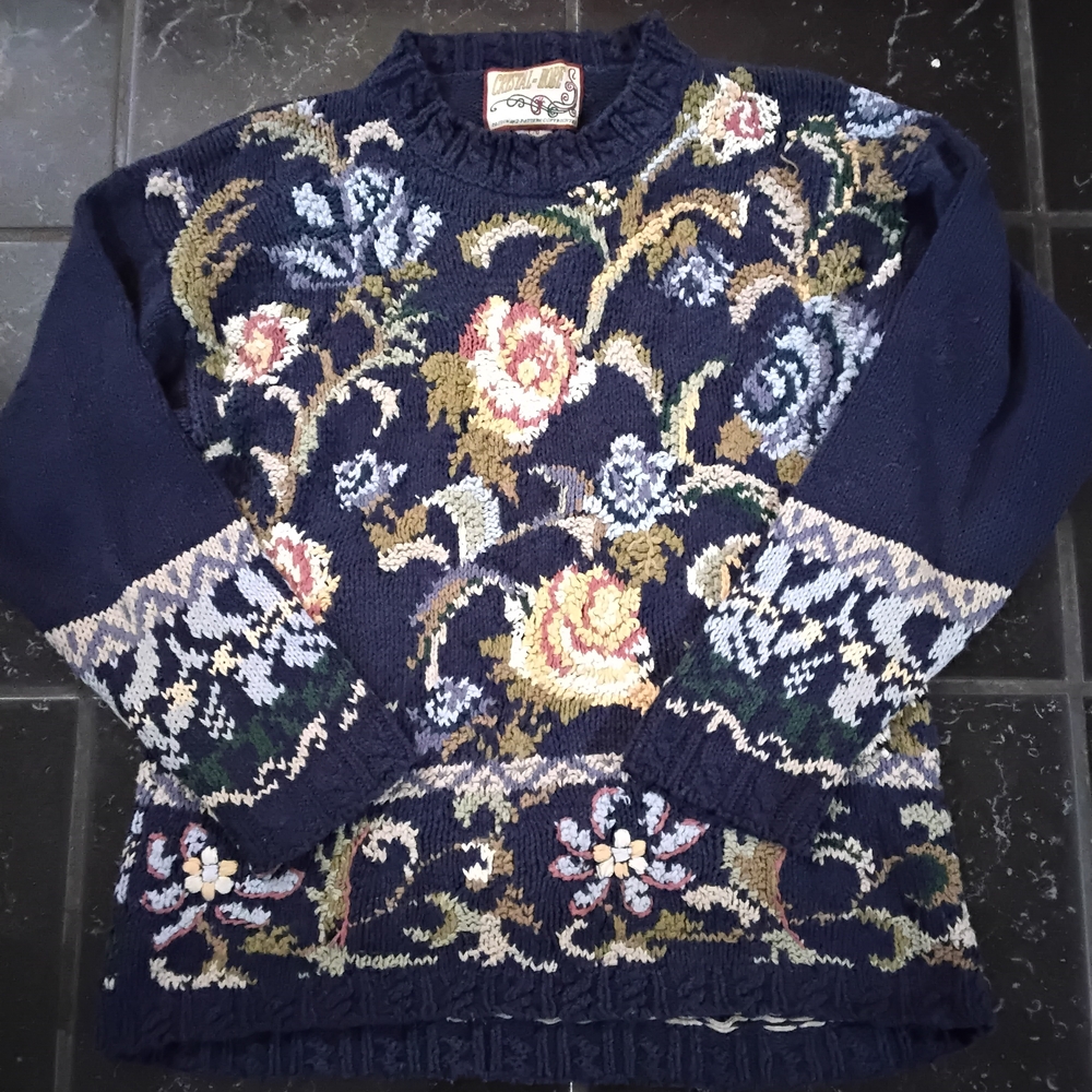Vintage Cristal Kobe Floral Patterned Navy Knit Sweater Size L